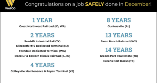 Watco congratulates 10 teams for achieving safety milestones in December. (Image Courtesy of Watco)